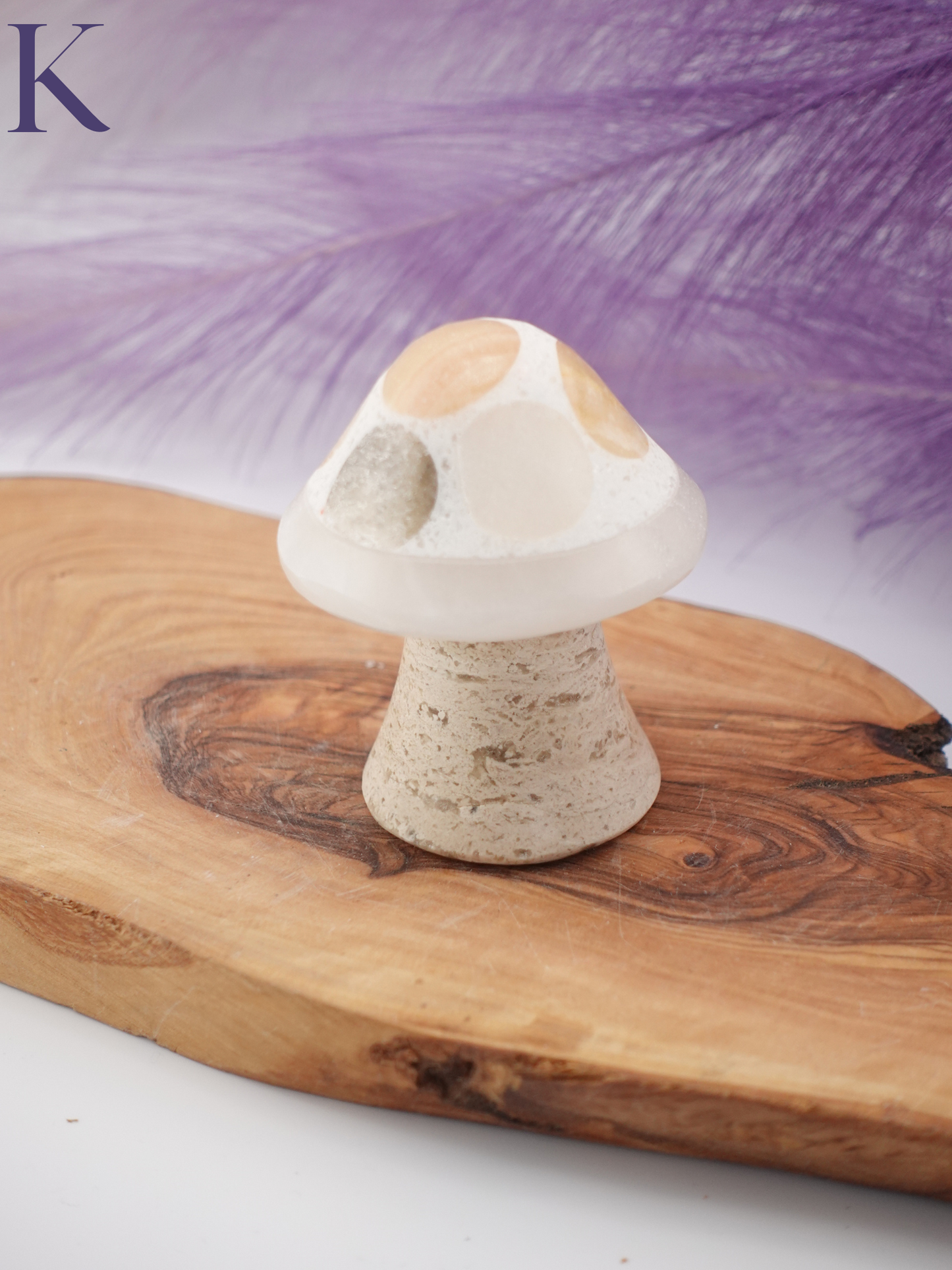 Banded calcite mushroom option K on wooden display stand