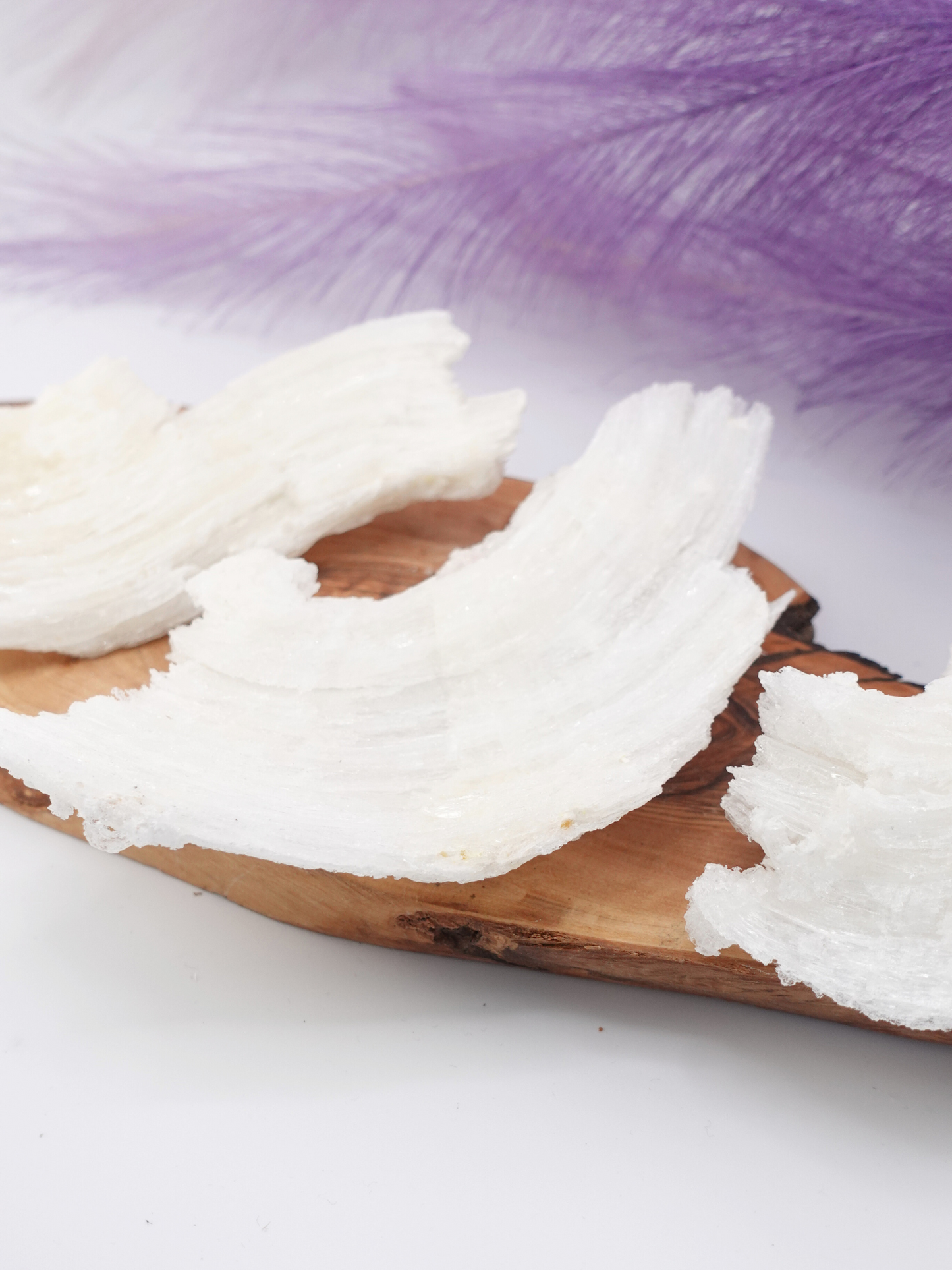 Three white ram horn selenite slabs