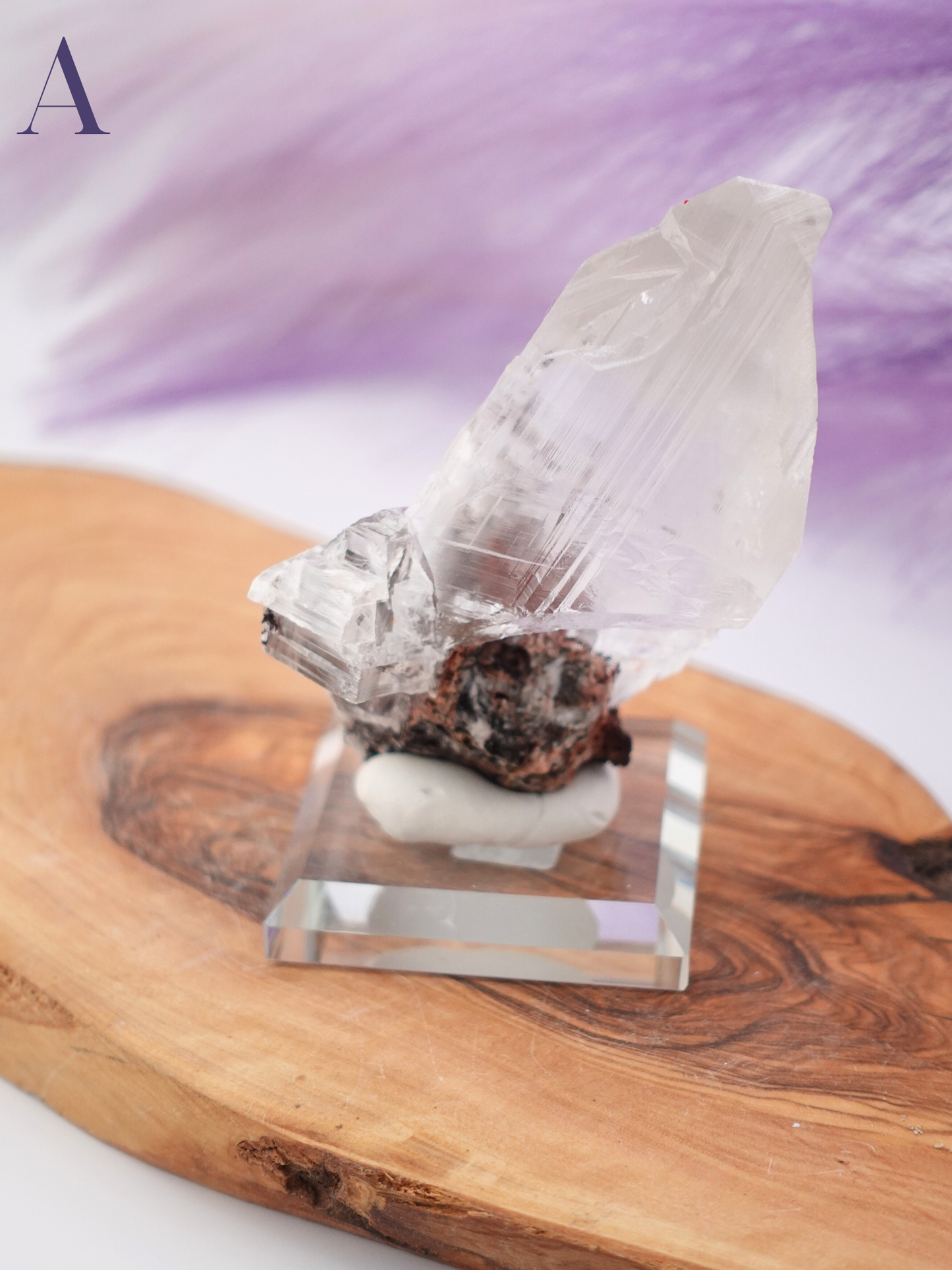 Niaca selenite specimen option A on clear stand
