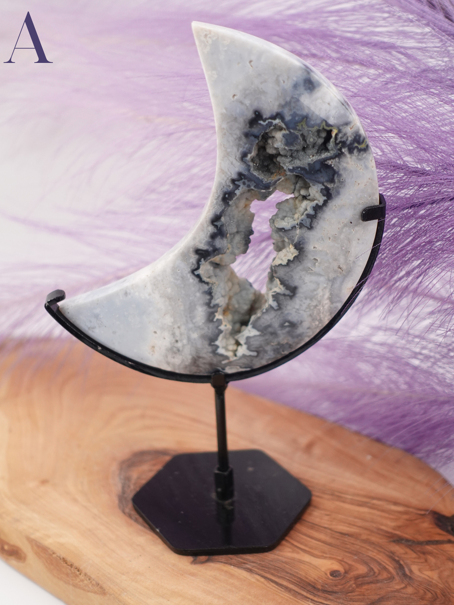 Blue Plume Agate Moon on Stand