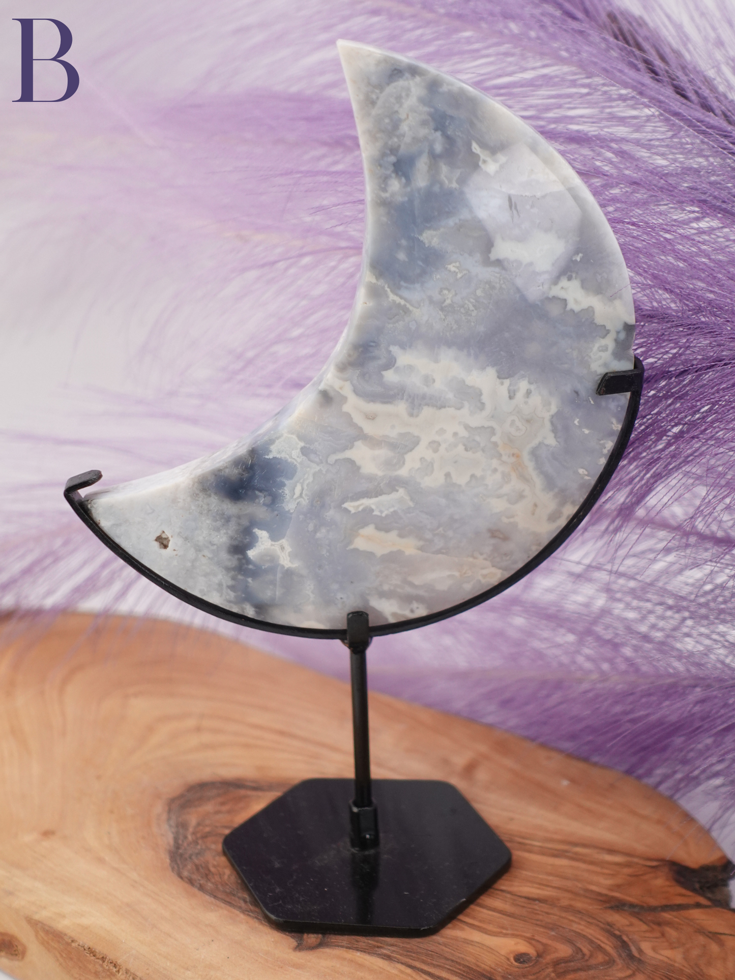 Blue Plume Agate Moon on Stand