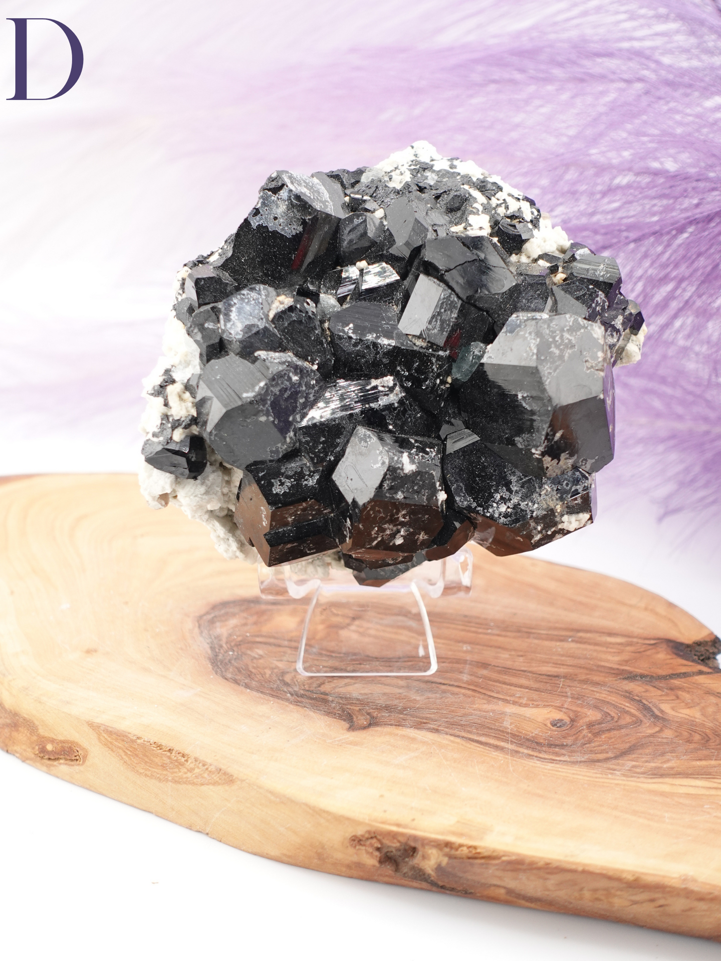 Option D black tourmaline, smoky quartz, and hyalite specimen on clear specimen stand.