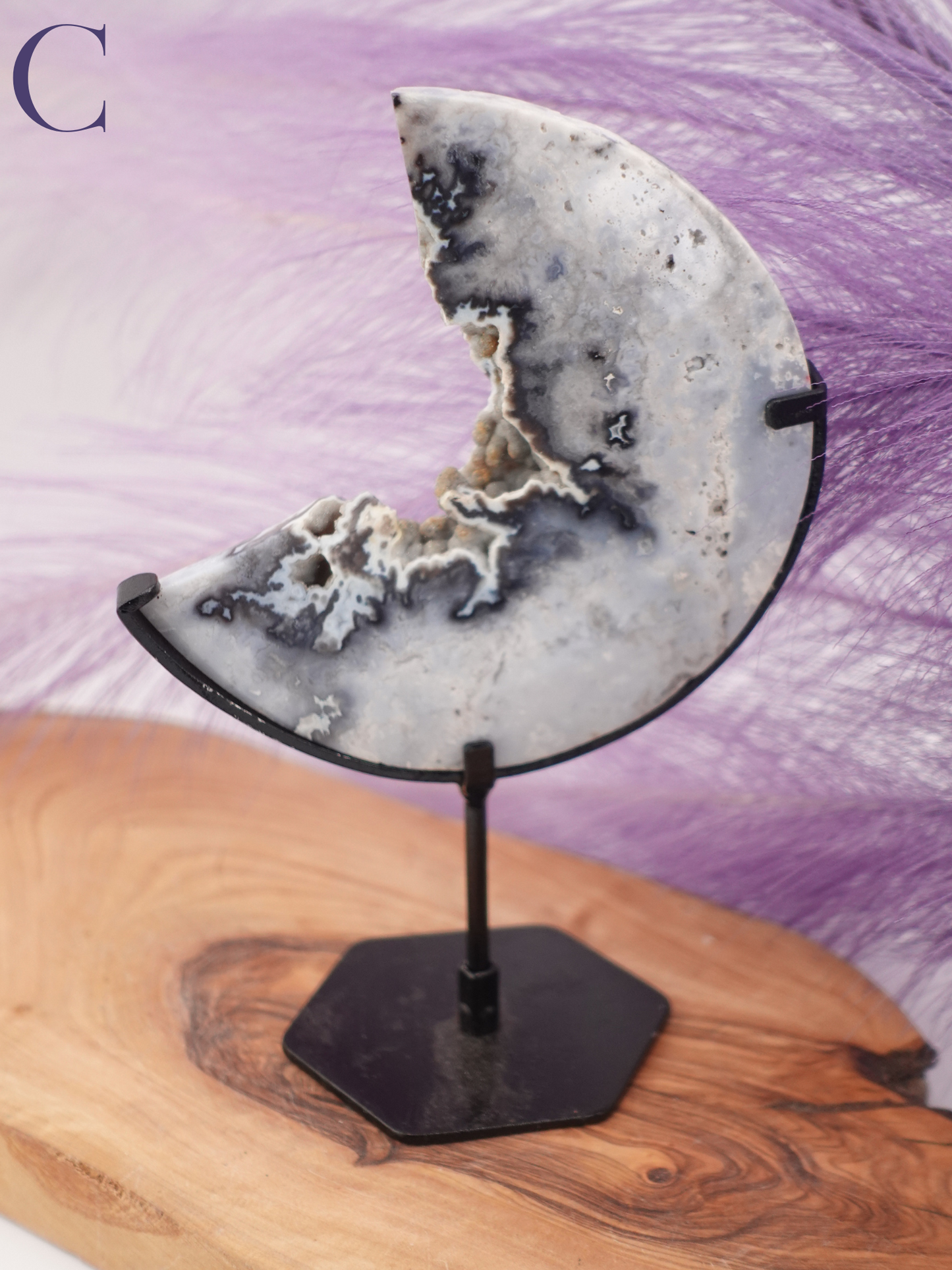 Blue Plume Agate Moon on Stand