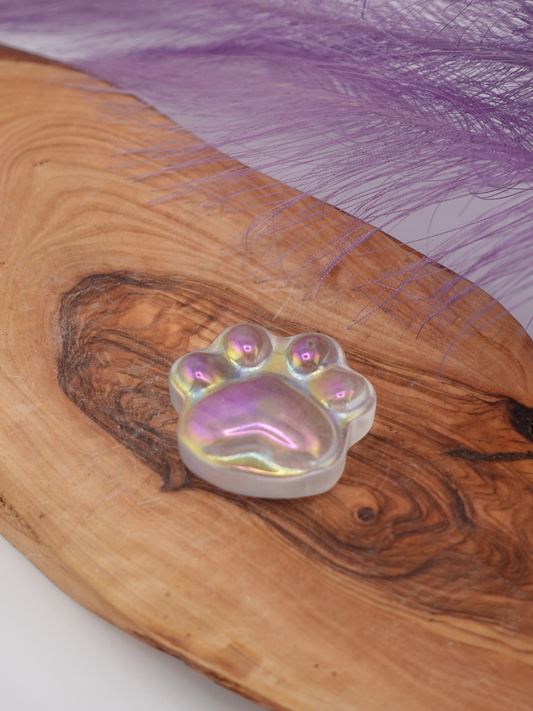 Singular aura coated paw print displayed on wooden stand