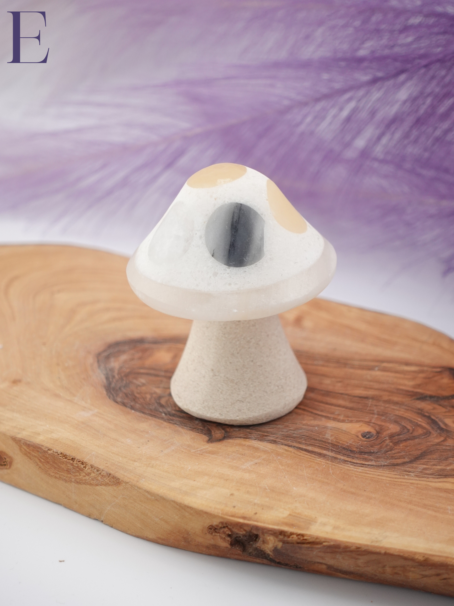 Banded calcite mushroom option E on wooden display stand
