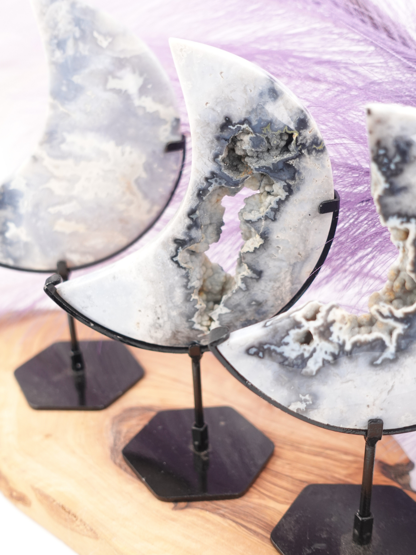 Blue Plume Agate Moon on Stand