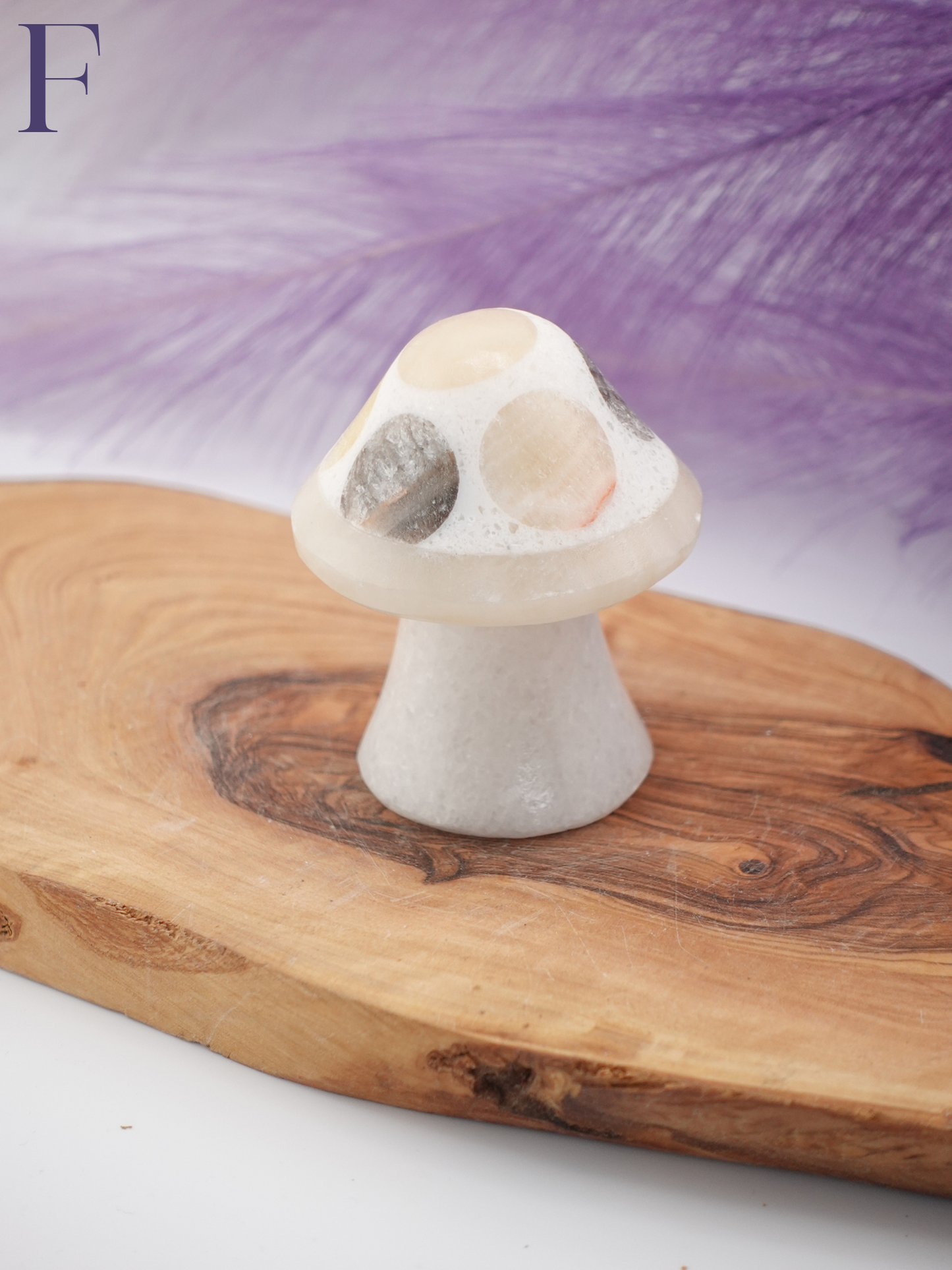 Banded calcite mushroom option F on wooden display stand