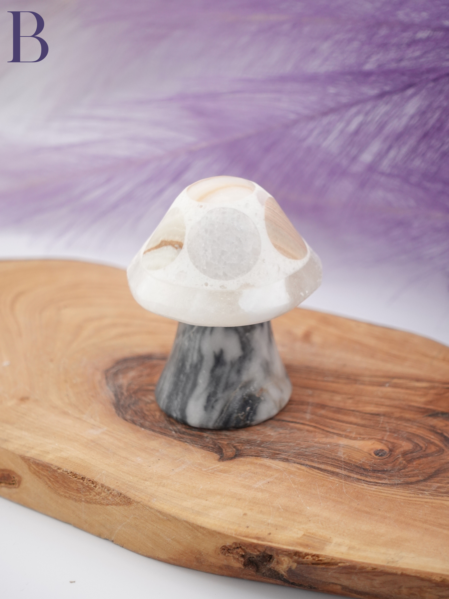 Banded calcite mushroom option B on wooden display stand