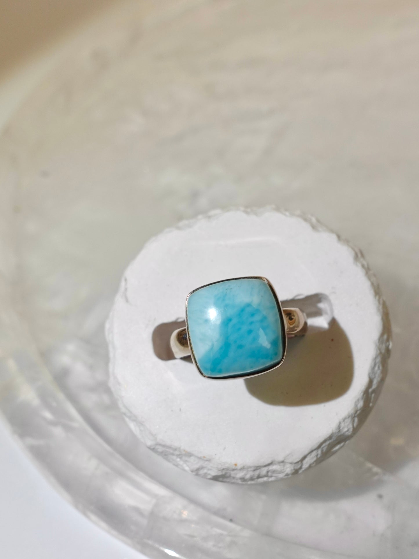 Larimar ring on white ring stand