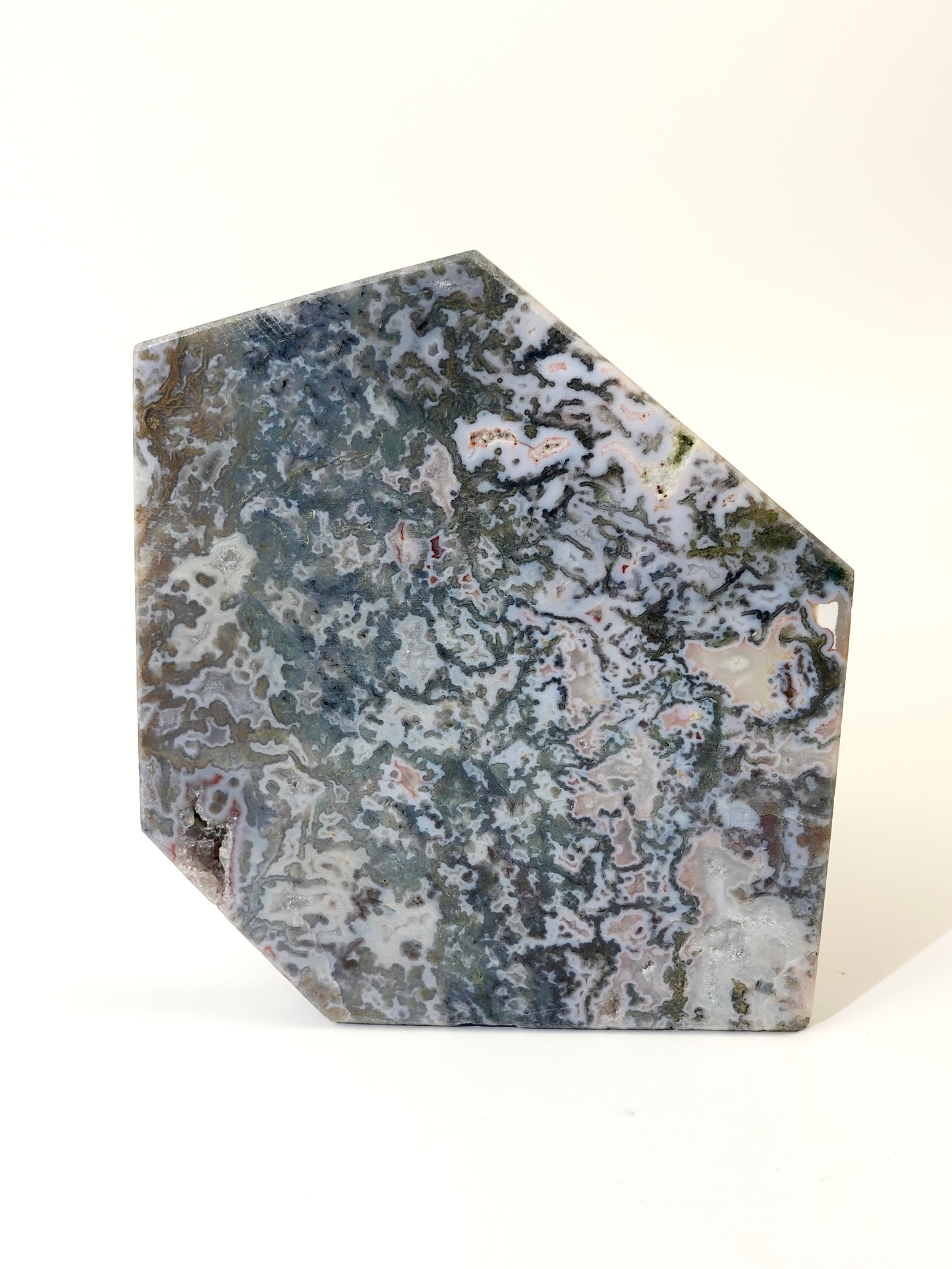 Pink Moss Agate slab on white background B
