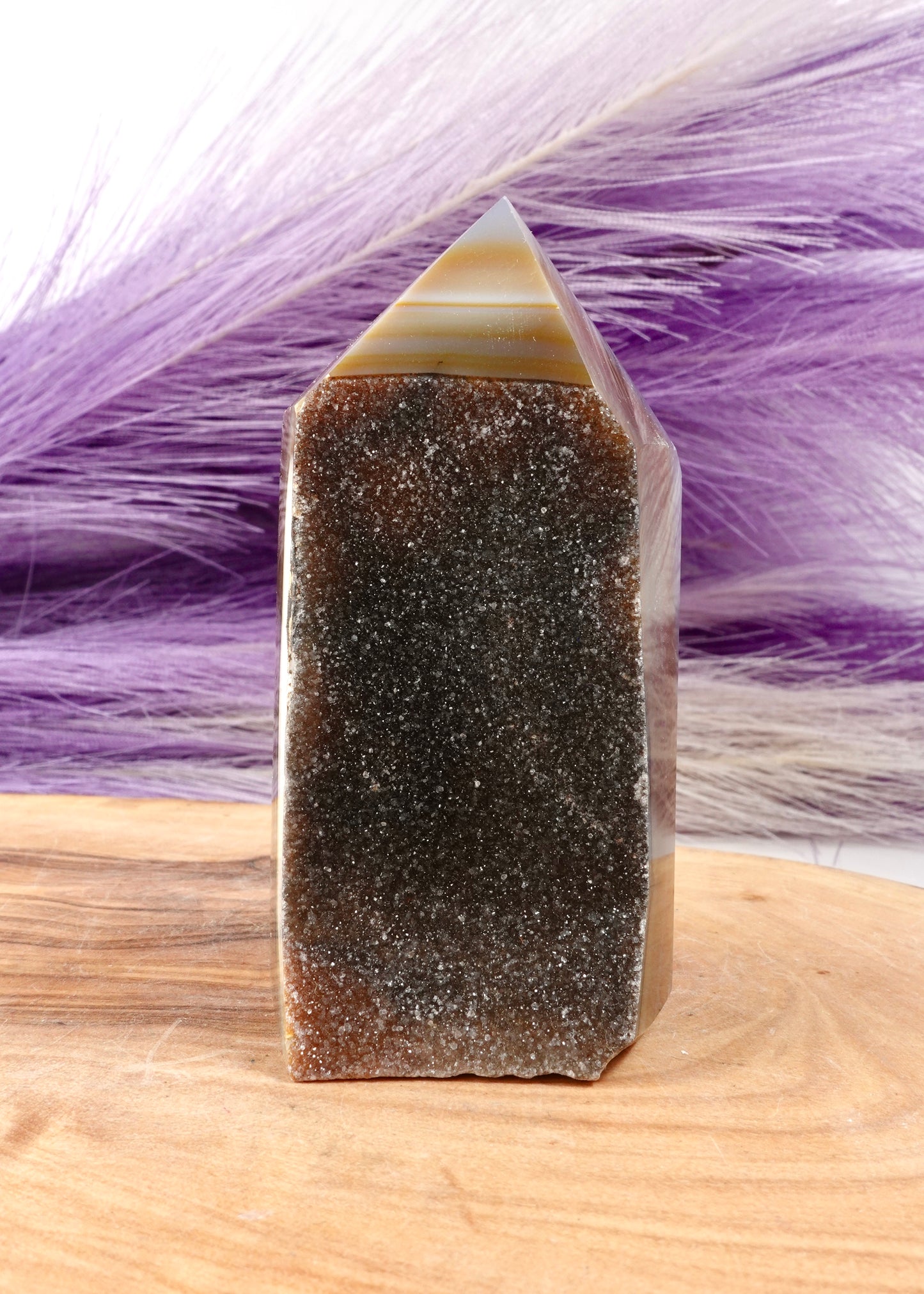 Druzy agate tower option A on a wooden display stand