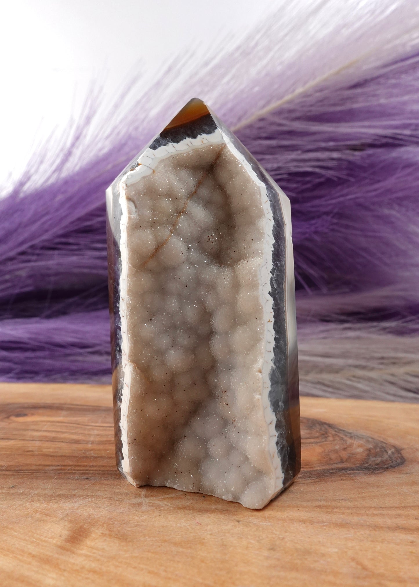 Druzy agate tower option B on a wooden display stand