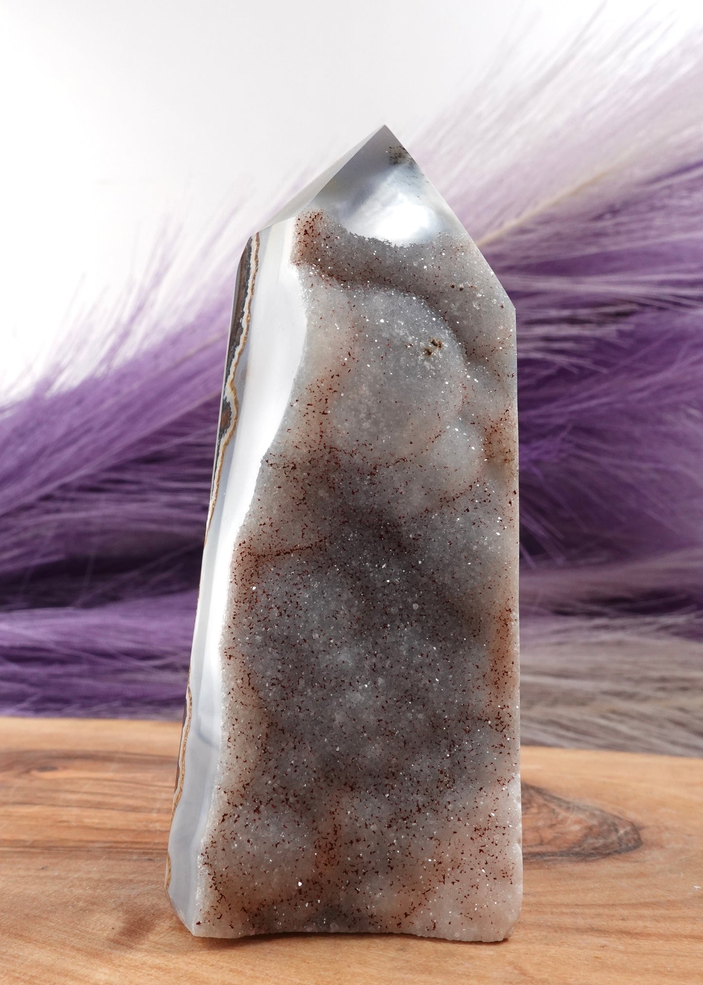 Druzy agate tower option C on a wooden display stand