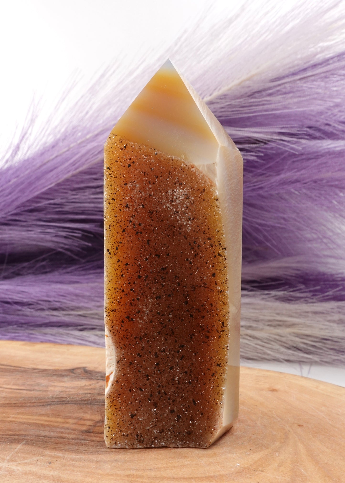 Druzy agate tower option D on a wooden display stand
