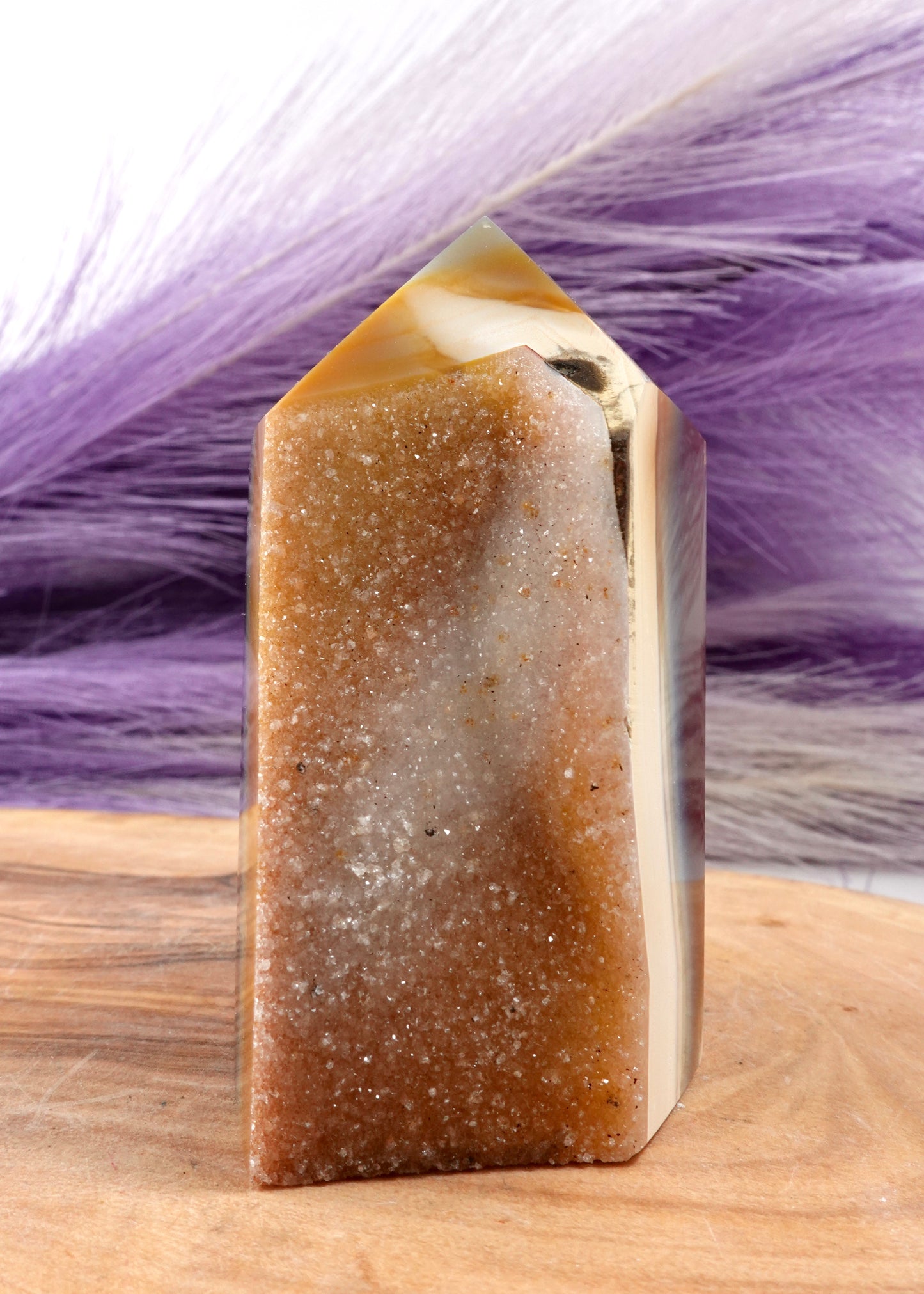 Druzy agate tower option E on a wooden display stand