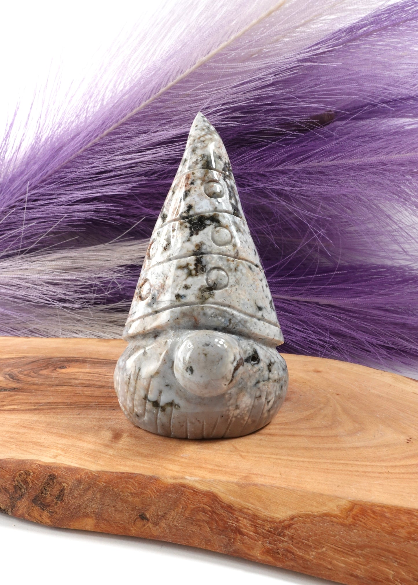 Sea Jasper Gnome option A on wooden display stand