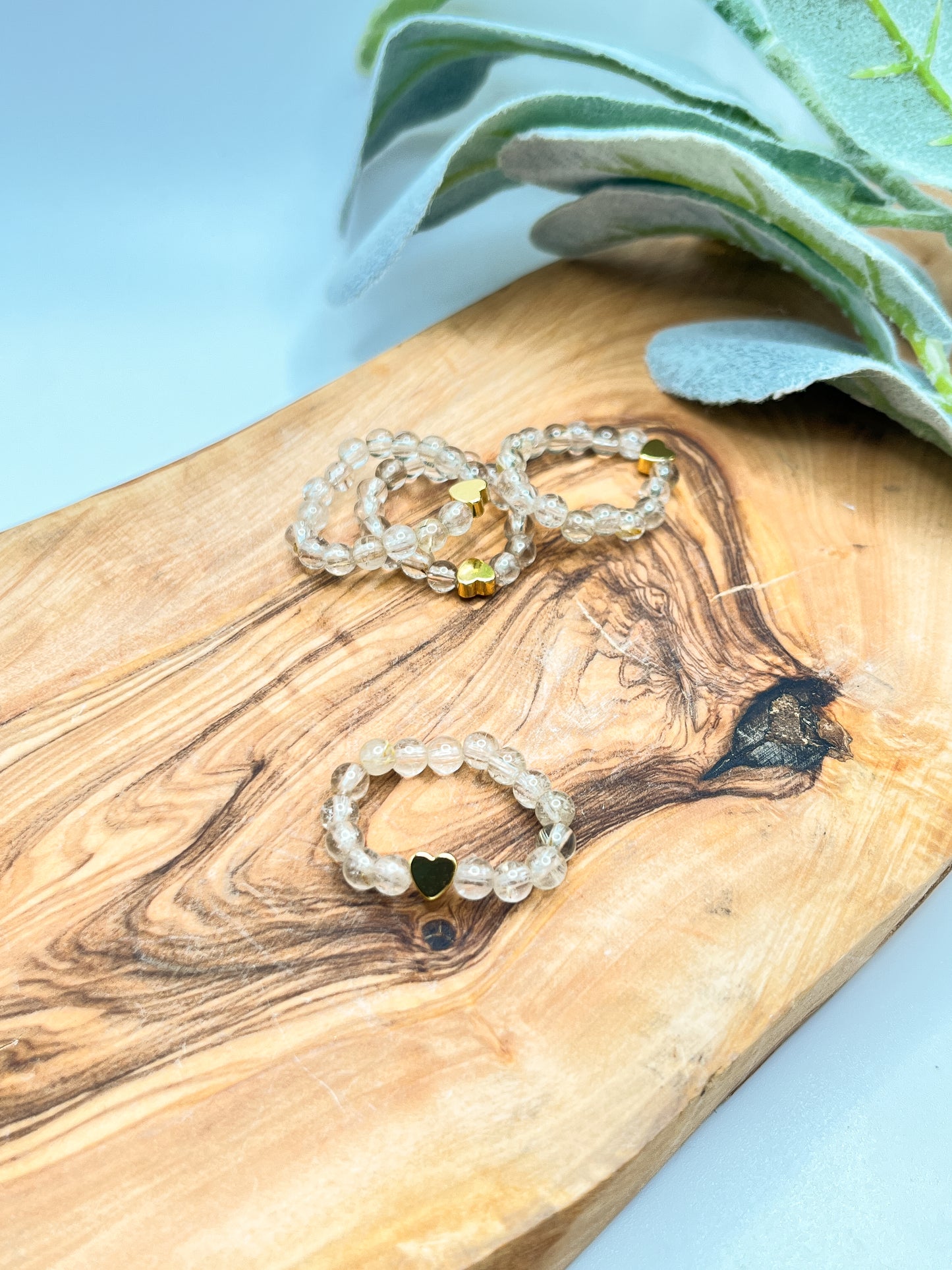 Golden Rutile - Crystal Round Beaded Ring w/ Gold Heart Bead