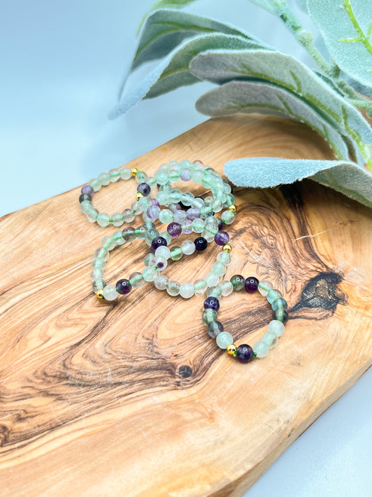 Fluorite - Round Beaded Stretchy Ring