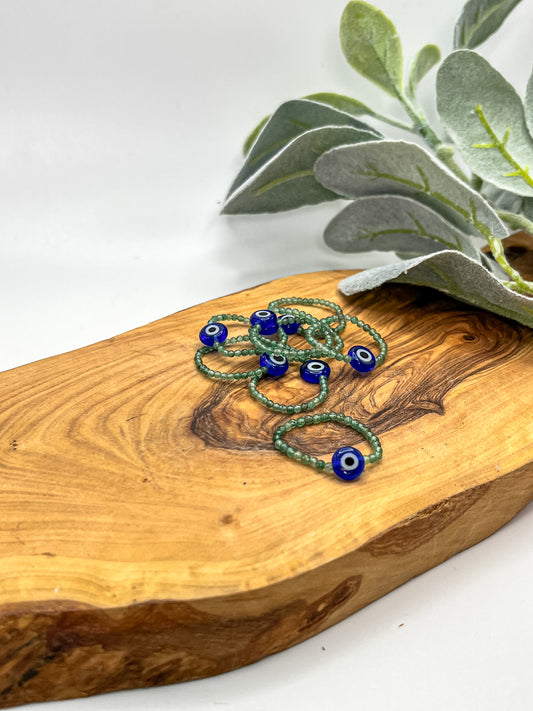 Green Aventurine - Evil Eye Beaded Stretchy Ring