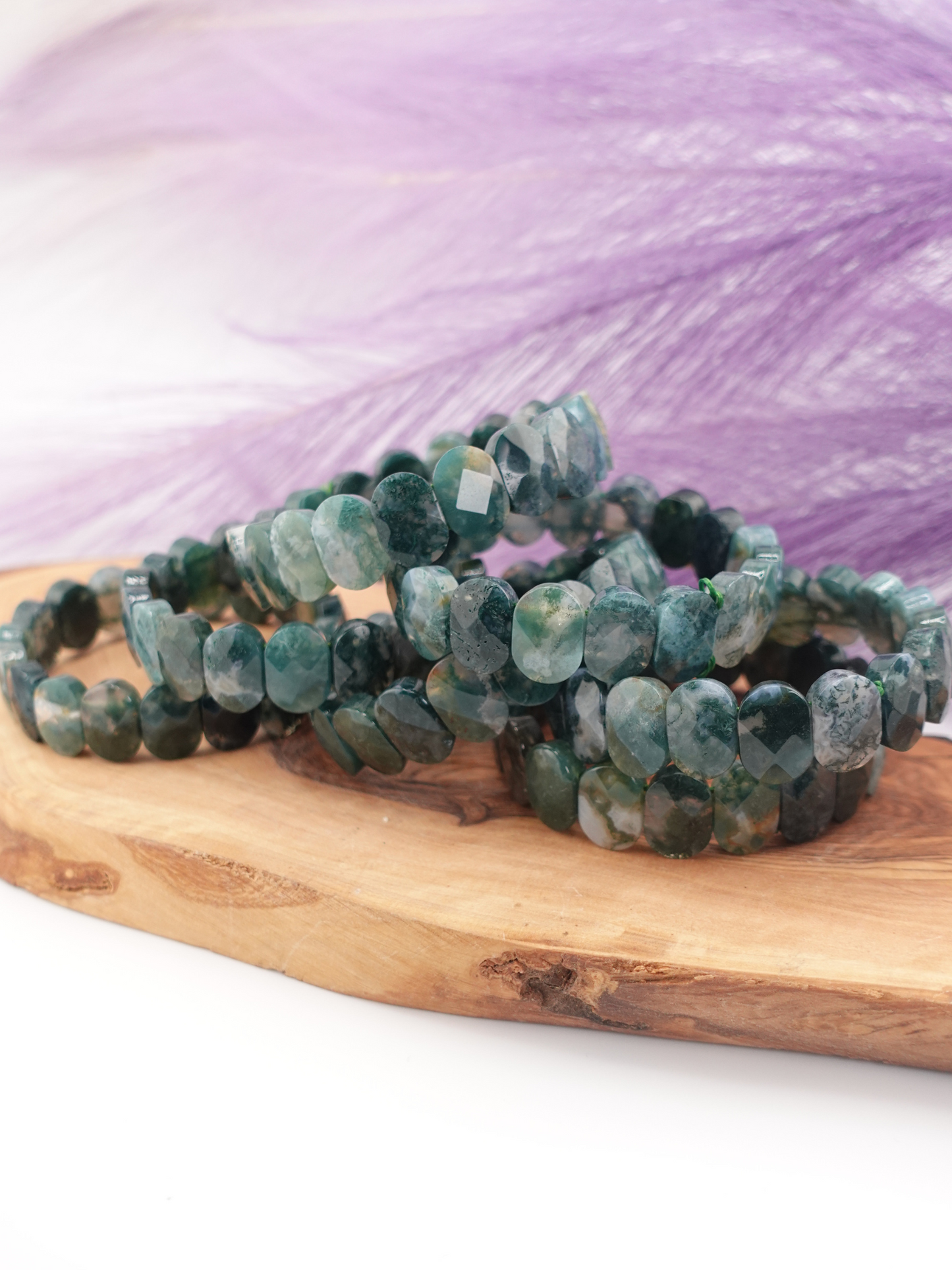 Moss Agate Faceted Oval Beaded Bracelet