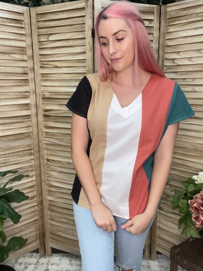 Vertical Multi Color Block V Neck Top