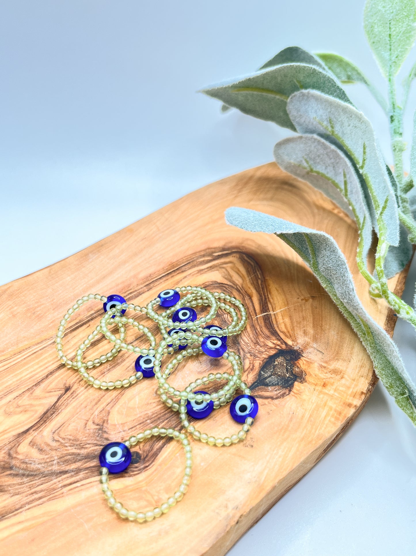 Prehnite - Evil Eye Beaded Stretchy Ring