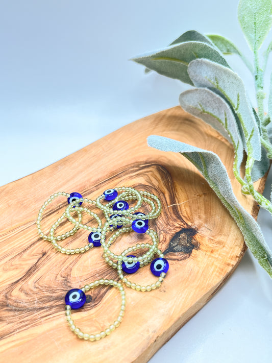 Prehnite - Evil Eye Beaded Stretchy Ring