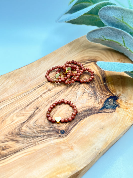 Red Sandstone - Crystal Round Beaded Ring w/ Gold Heart Bead