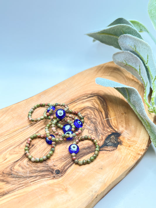 Unakite - Evil Eye Beaded Stretchy Ring