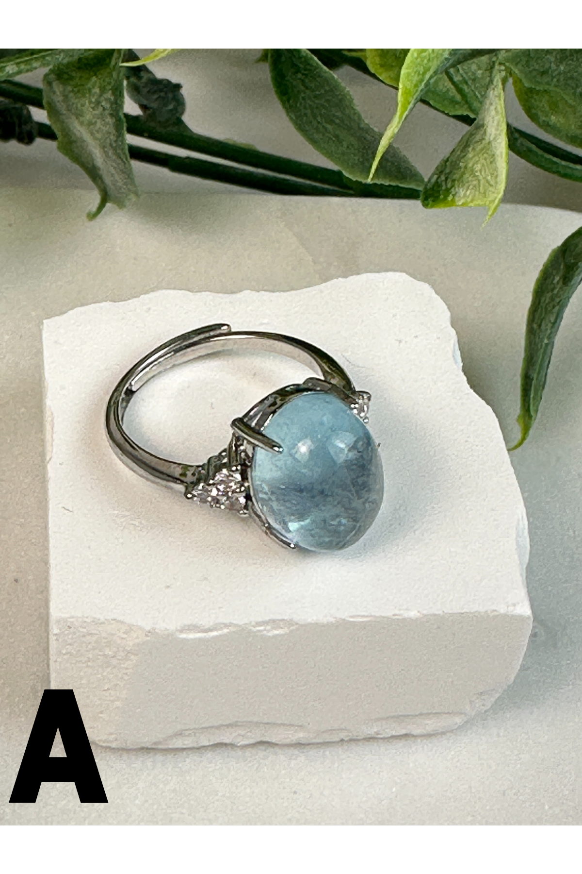 Aquamarine Oval Ring-Adjustable Letter A