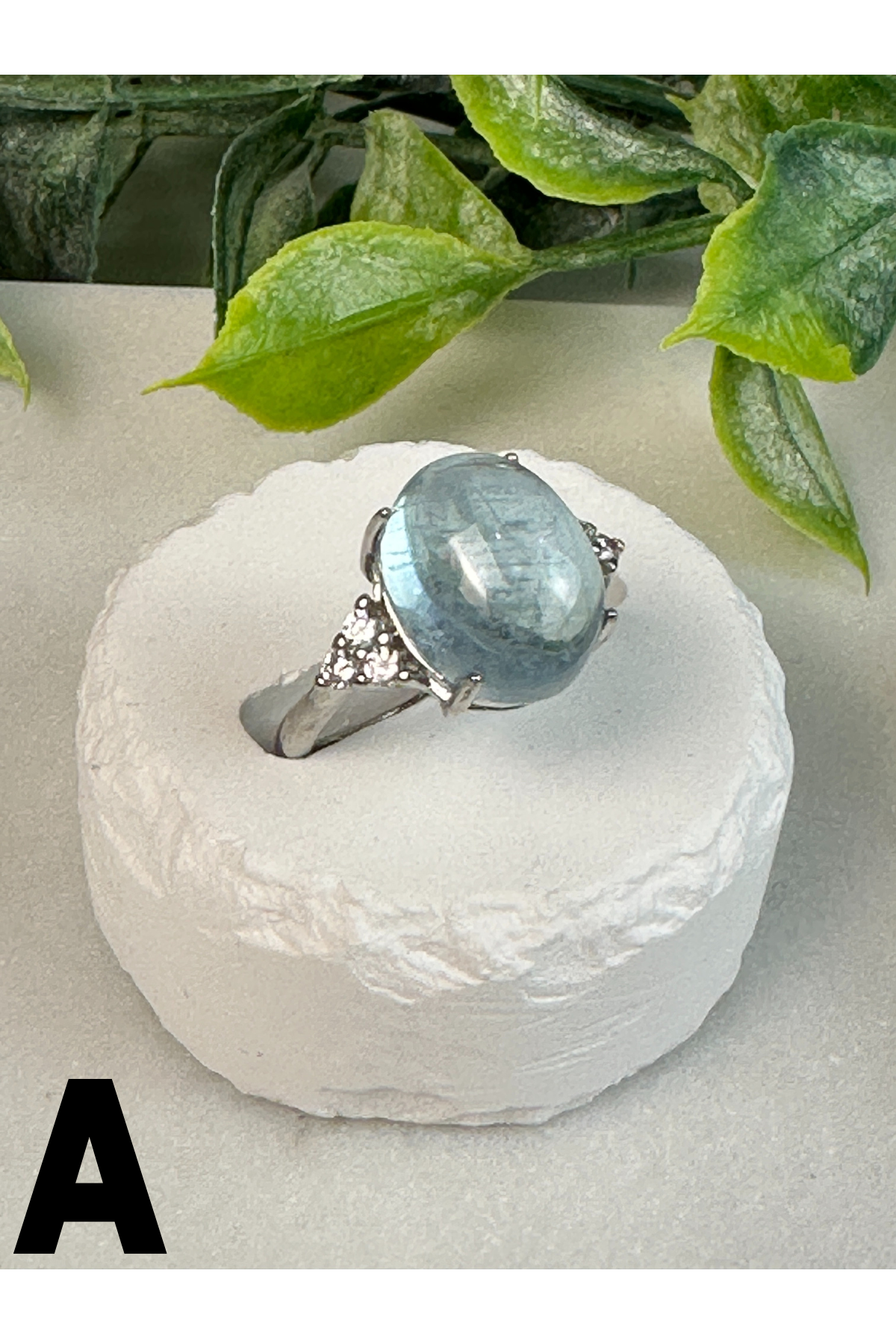 Aquamarine Oval Ring-Adjustable Letter A