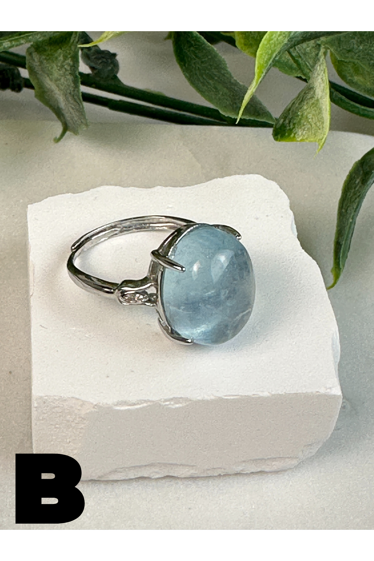 Aquamarine Oval Ring-Adjustable Letter B