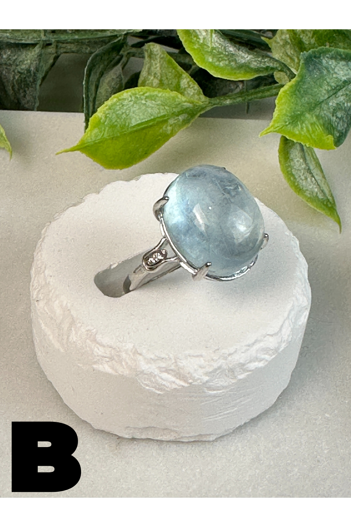 Aquamarine Oval Ring-Adjustable Letter B
