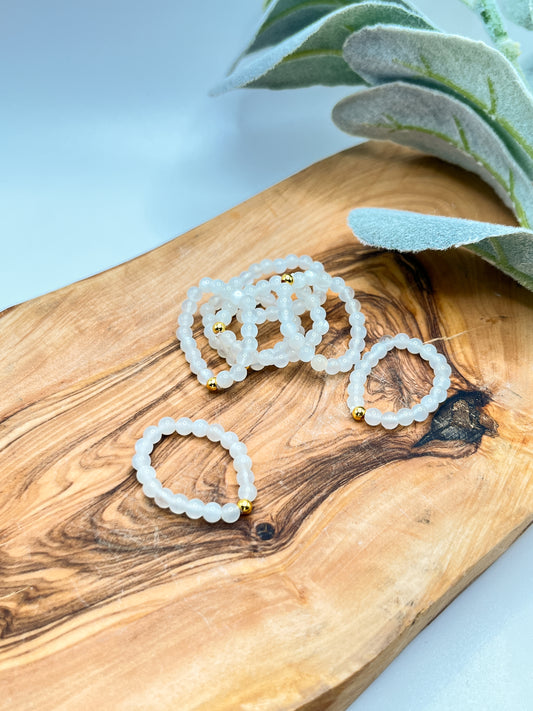 White Moonstone - Round Beaded Stretchy Ring