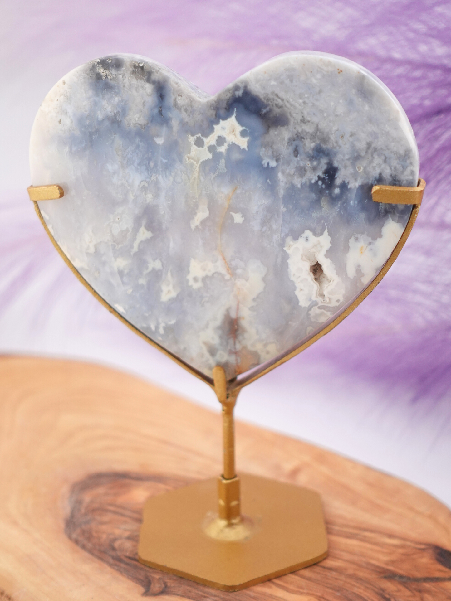 Blue Plume Agate Heart on Stand