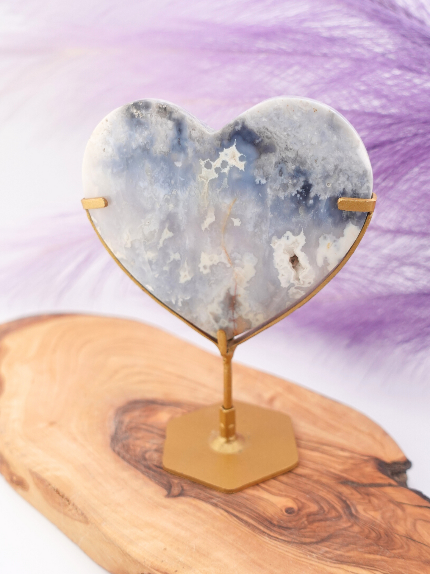 Blue Plume Agate Heart on Stand