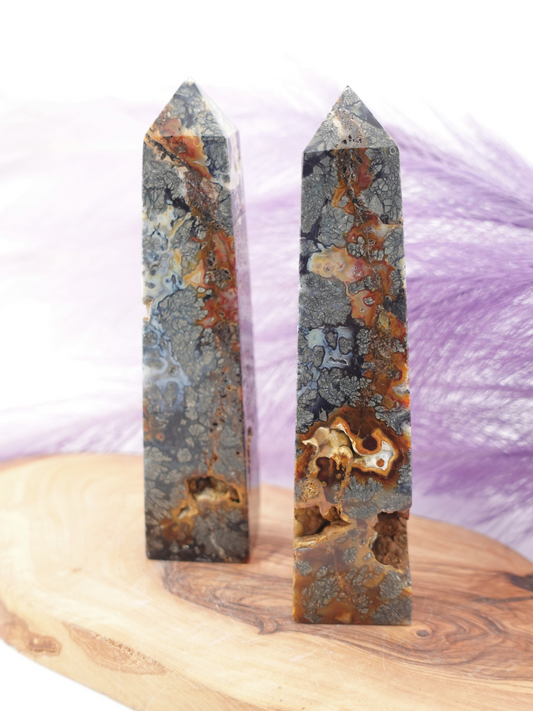 Two Marcasite towers on wooden display stand