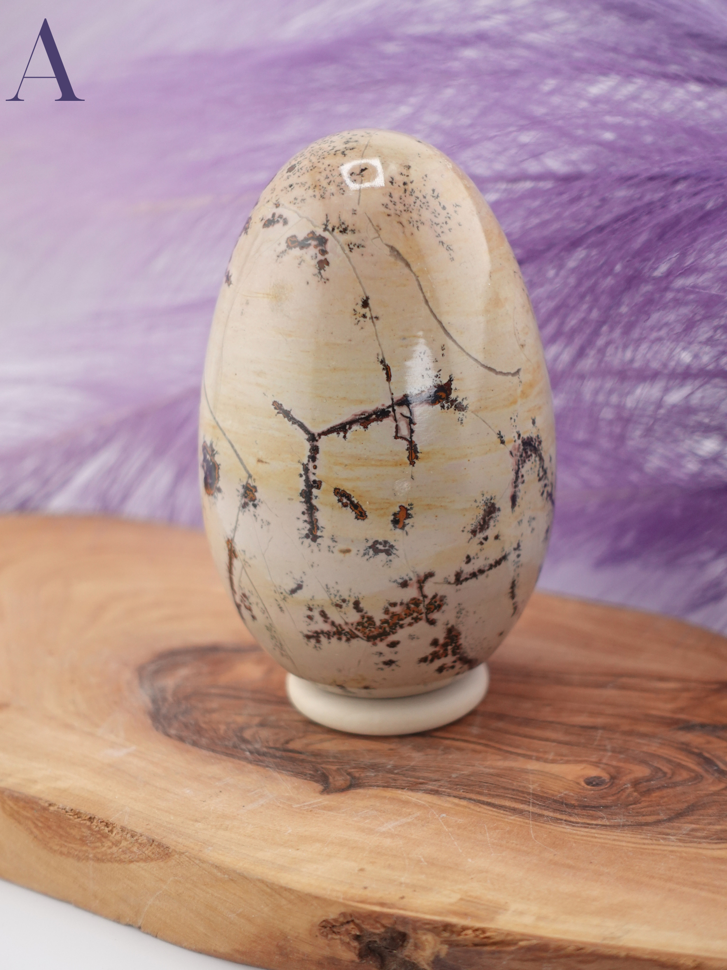 Picture jasper egg option A on wooden display stand