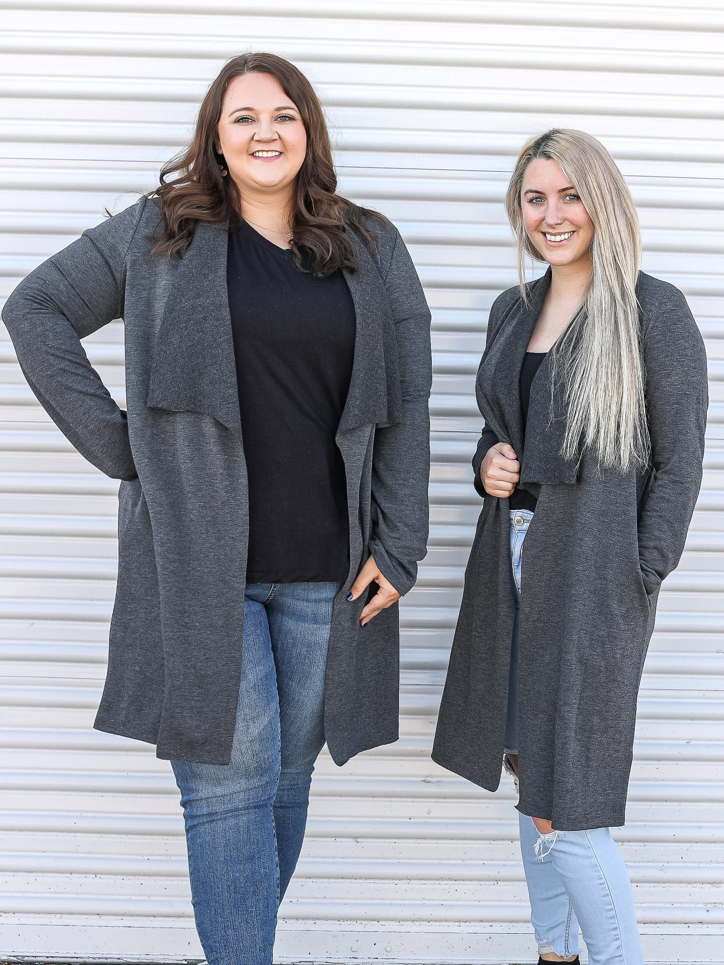 Tacy and Crystal are twinning in this beautiful long grey cardigan
