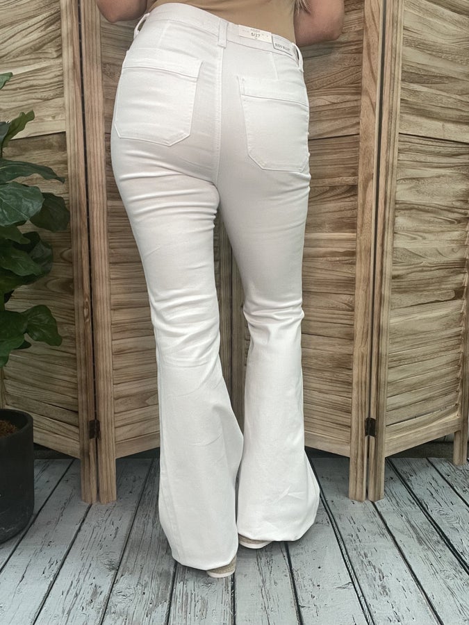 Hi-Rise Buttonfly Patch Pocket Flare Jeans