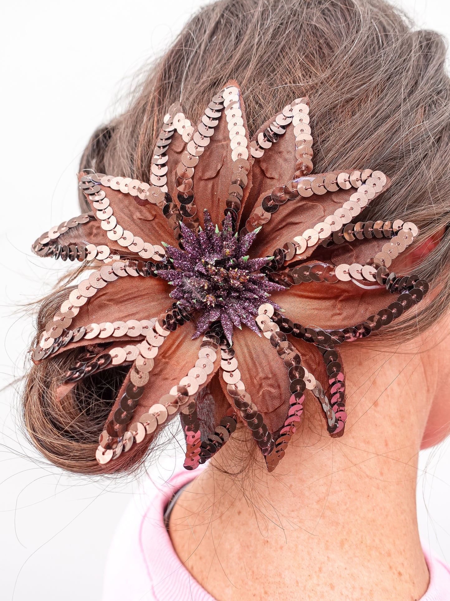 Brown floral hair pin with sequin and sparkles.