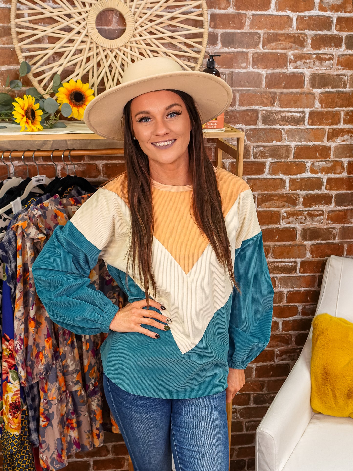 Colored blocked chevron patterned long sleeve sweater