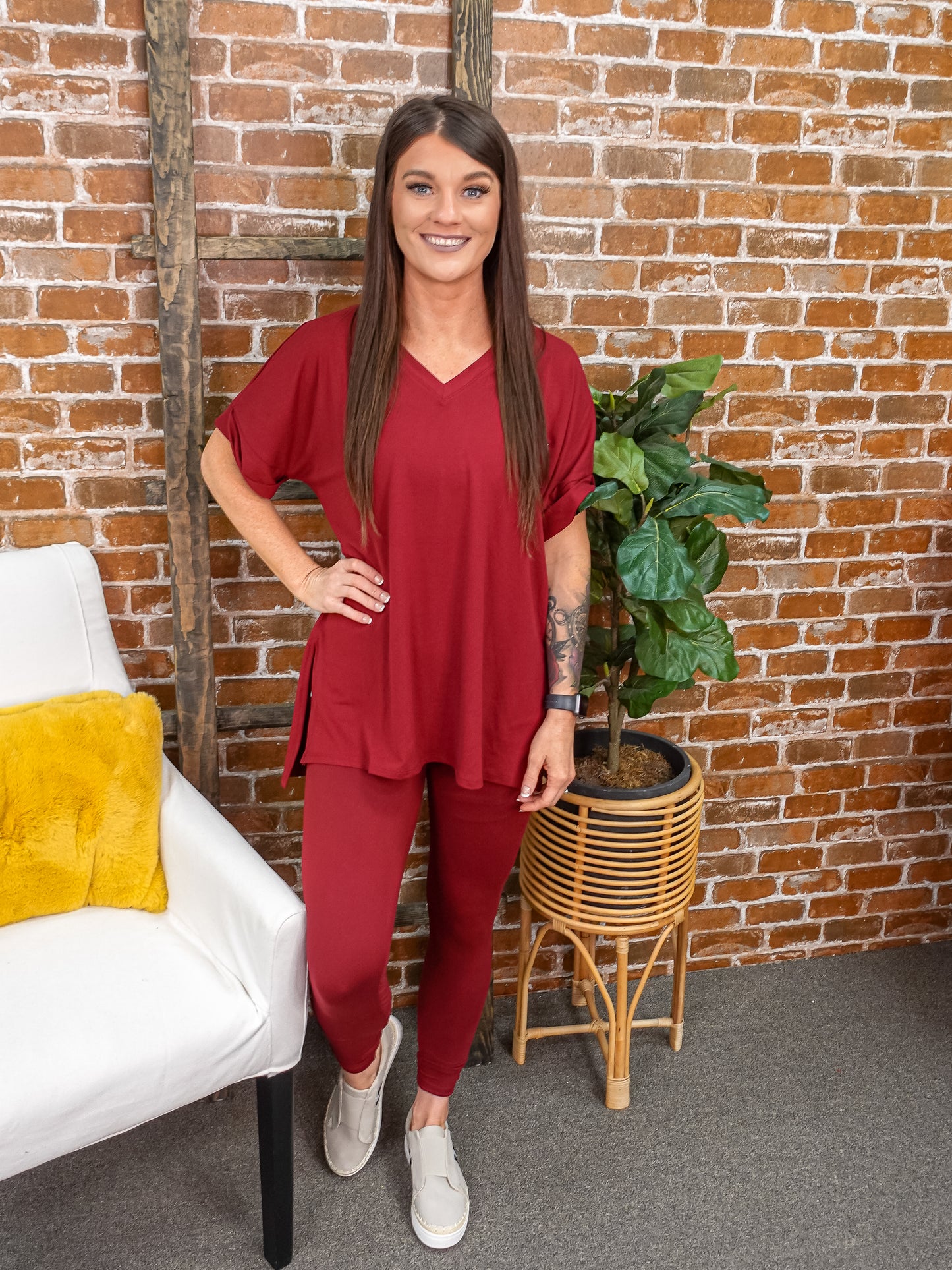 Leggings lounge set with short sleeve v-neck top.