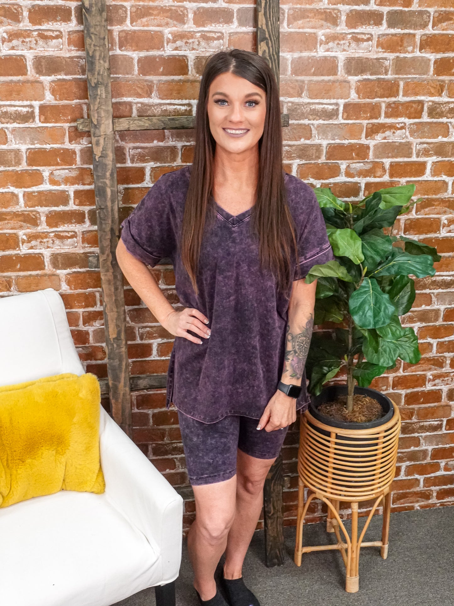 Deep purple lounge set with biker shorts and short sleeve top.