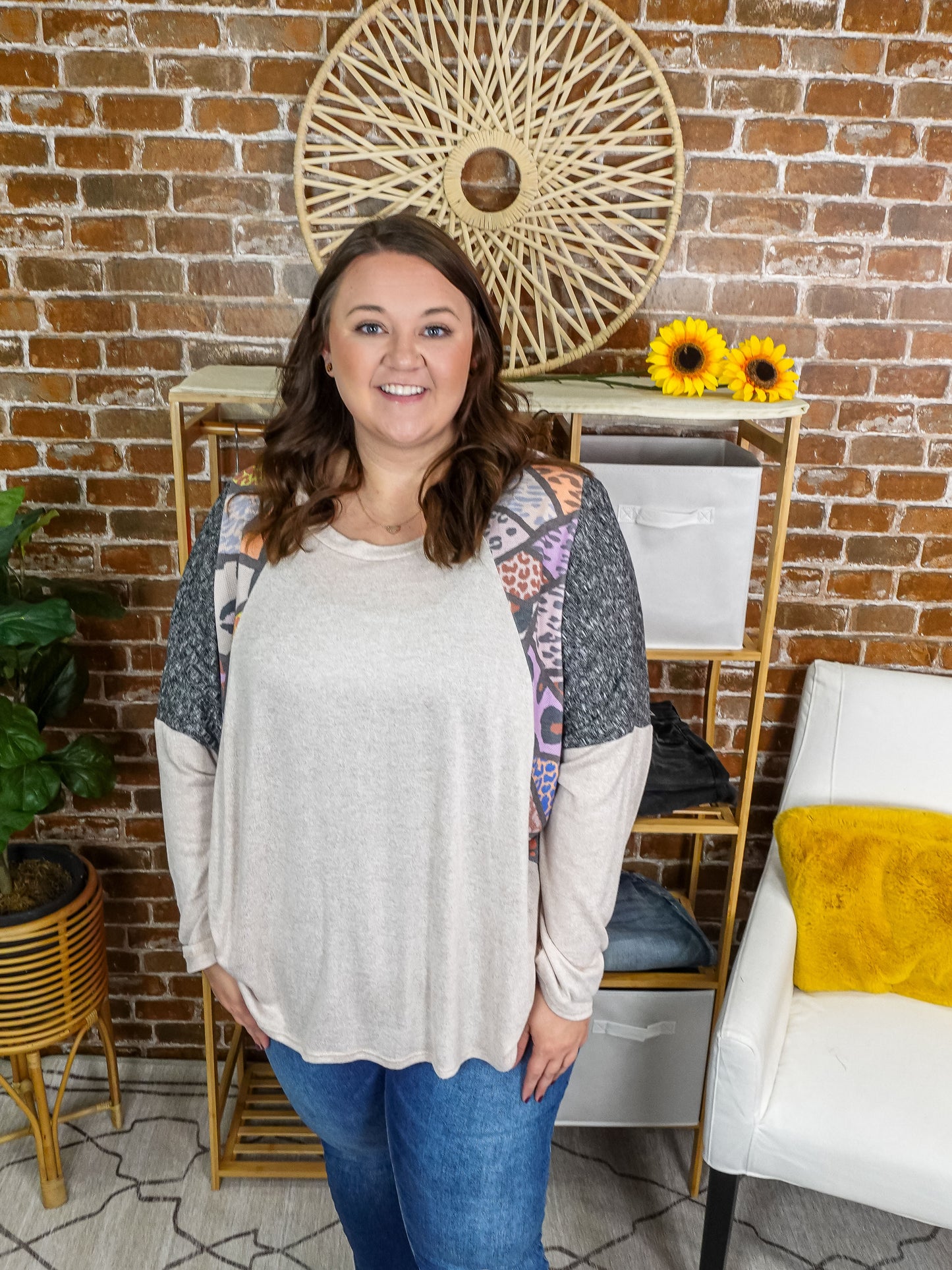 Leopard Multi Color Raglan Colorblock Top