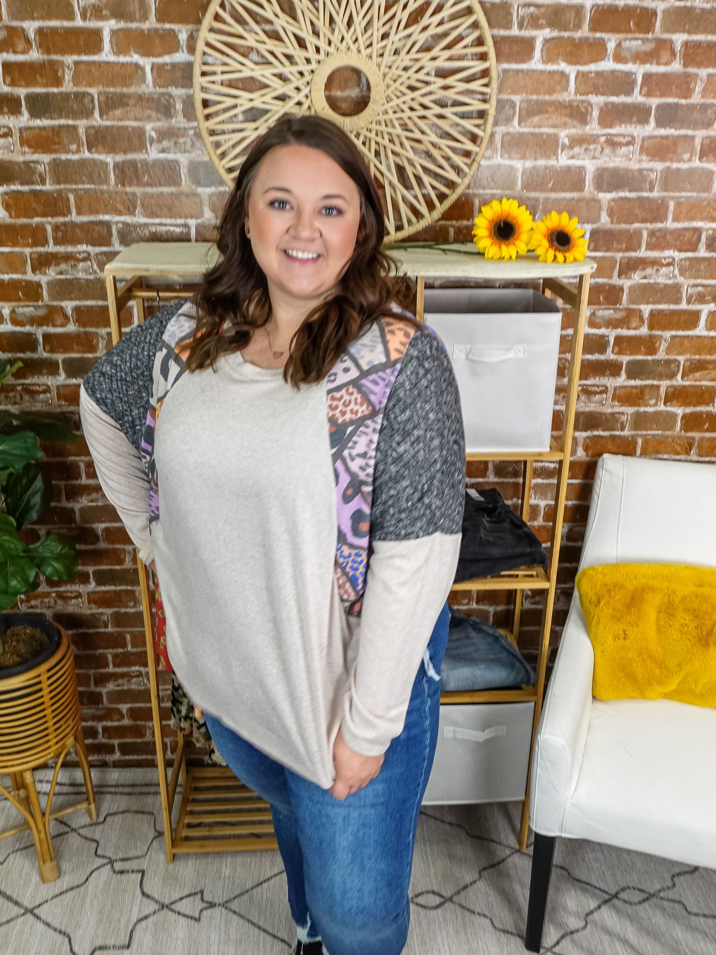 Leopard Multi Color Raglan Colorblock Top