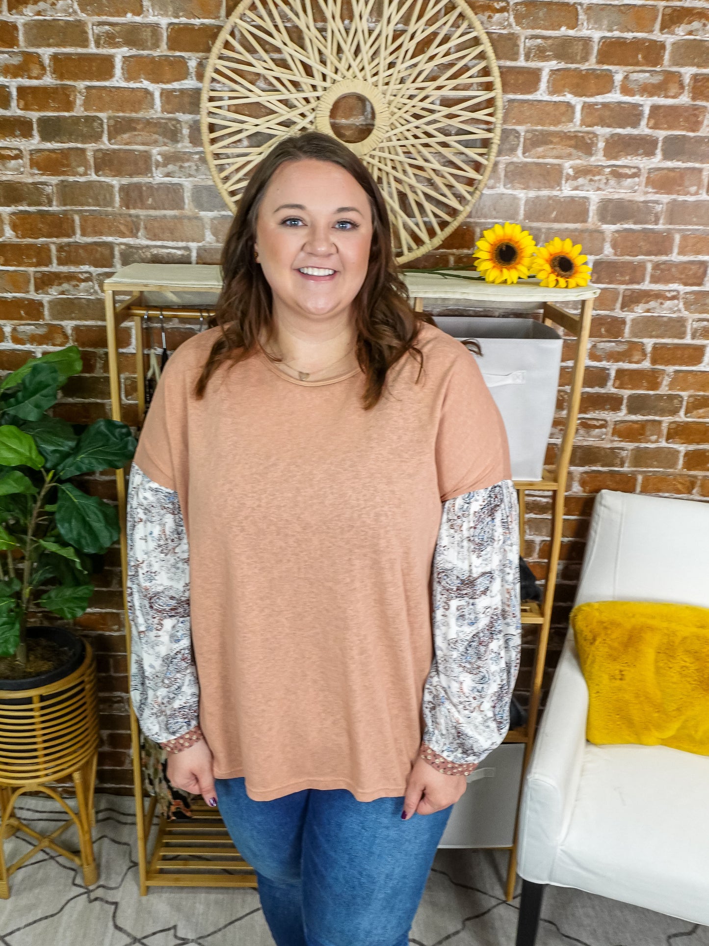 Dried Rose Printed Bubble Sleeve Top PLUS