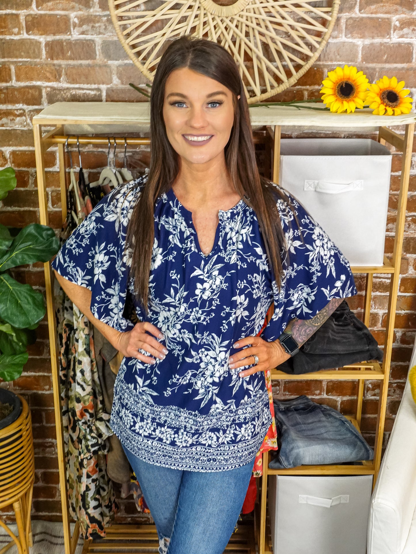 Navy & White Floral Top w/ Bell Sleeve