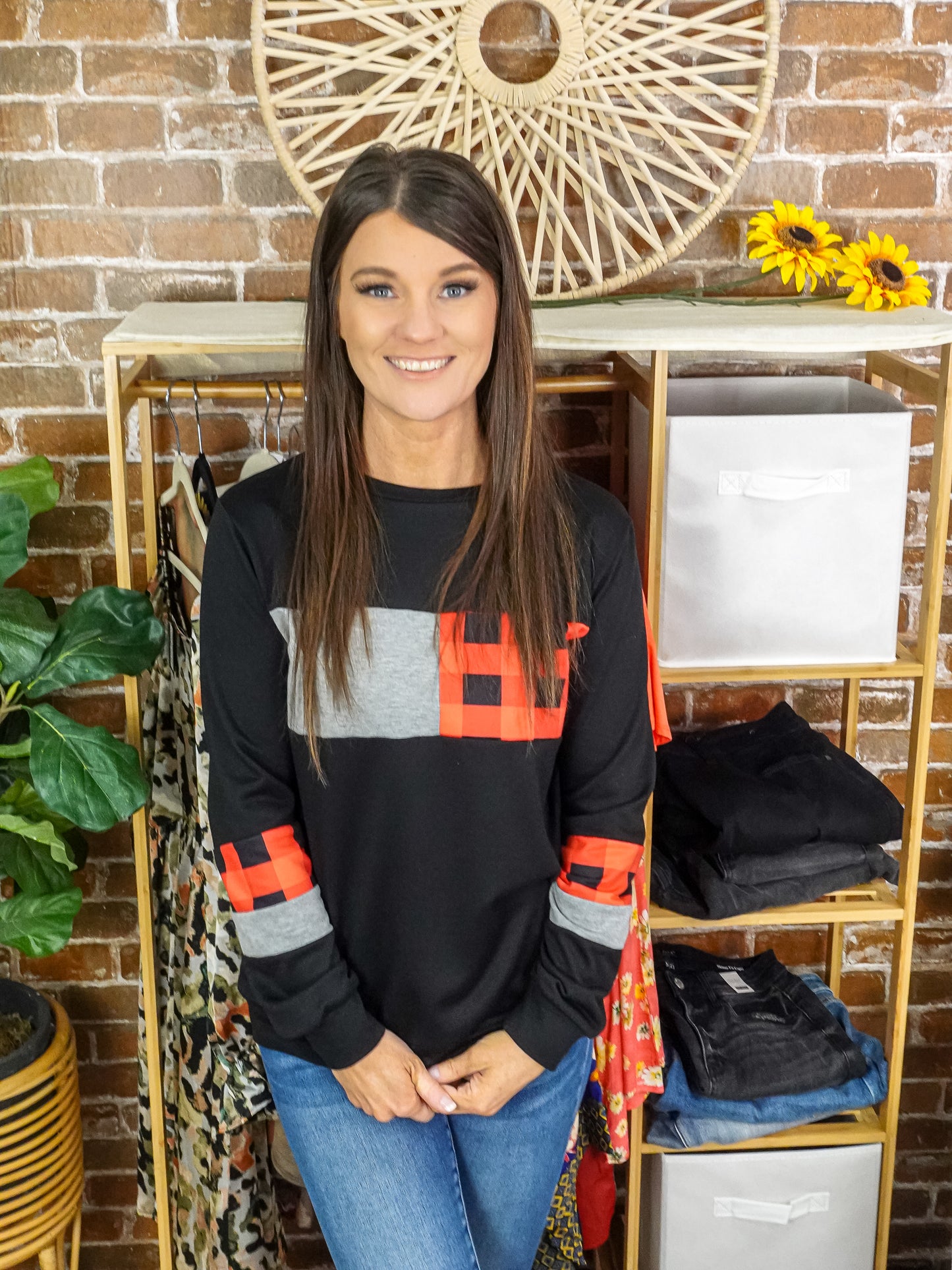 Grey/Red Plaid Colorblock Long Sleeve Sweatshirt