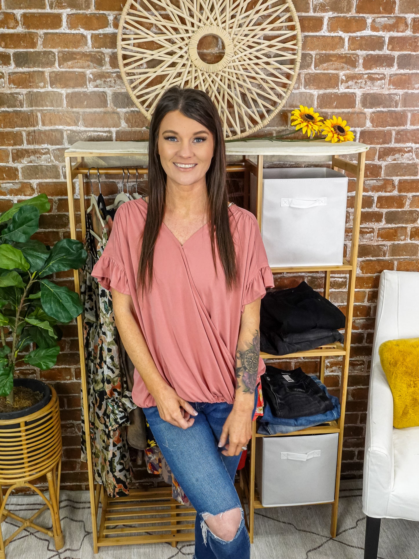 Rose Surplice Ruffle Sleeve Top